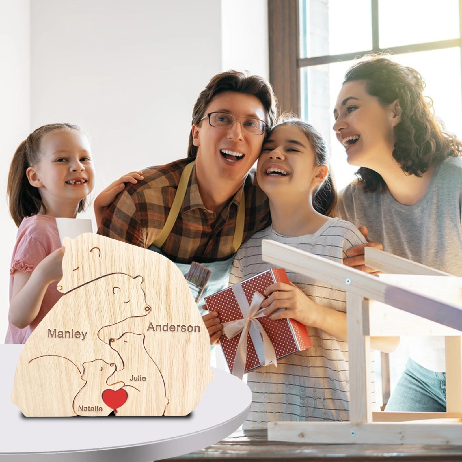 Custom Name Wooden Bear Family Ornaments Personalized Wood Carving Bear Puzzle Christmas Birthday Gift home decor action figure
