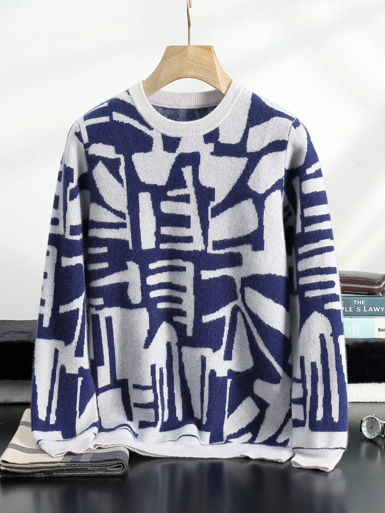 New Chic Men's 100% Cashmere Sweater O-neck Jacquard Pullover Thick Soft Warm Cashmere Knitwear Autumn Winter Casual Jumpers 6