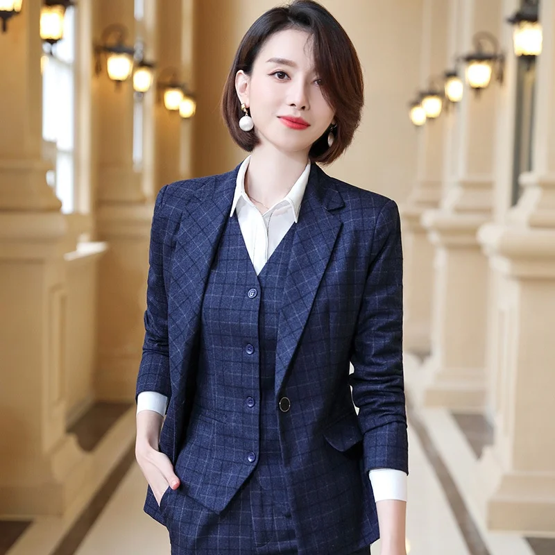 (Blazer+vest+pants or skirts) Women's suit 3-piece set, lattice women's suit set, office women set，Blazer set for women
