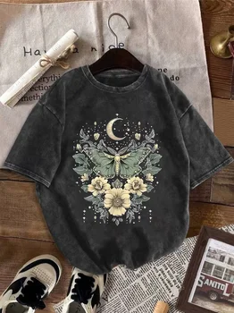 Retro Washed T Shirt Boho Crescent Moon Lunar Moth Flower Graphic Oversize T Shirt Casual Loose Streetwear Daily Wear
