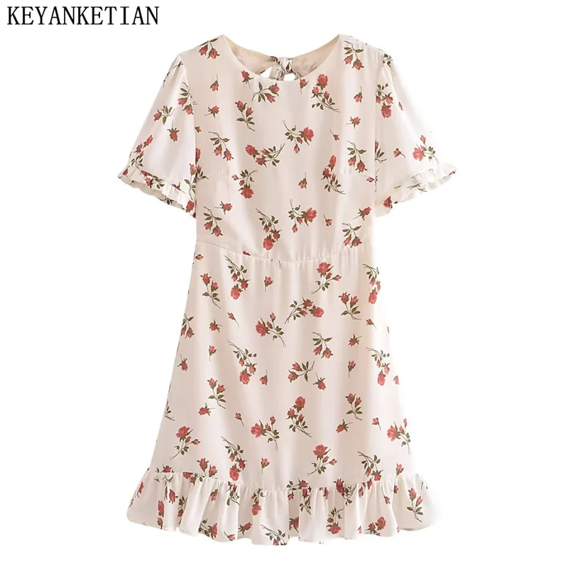 

KEYANKETIAN Summer New Rose Red Print Tied Round Neck Backless Women's Dress Pastoral Style Flared Sleeves Slim Mini Dress