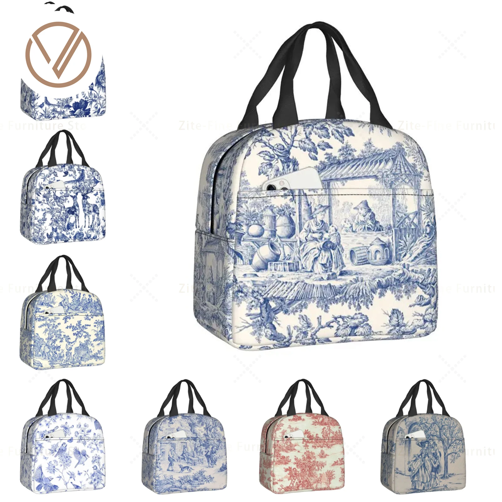 

Toile De Jouy Navy Blue Motif Pattern Thermal Insulated Lunch Bags Women Lunch Tote for Outdoor Picnic Storage Food Bento Box