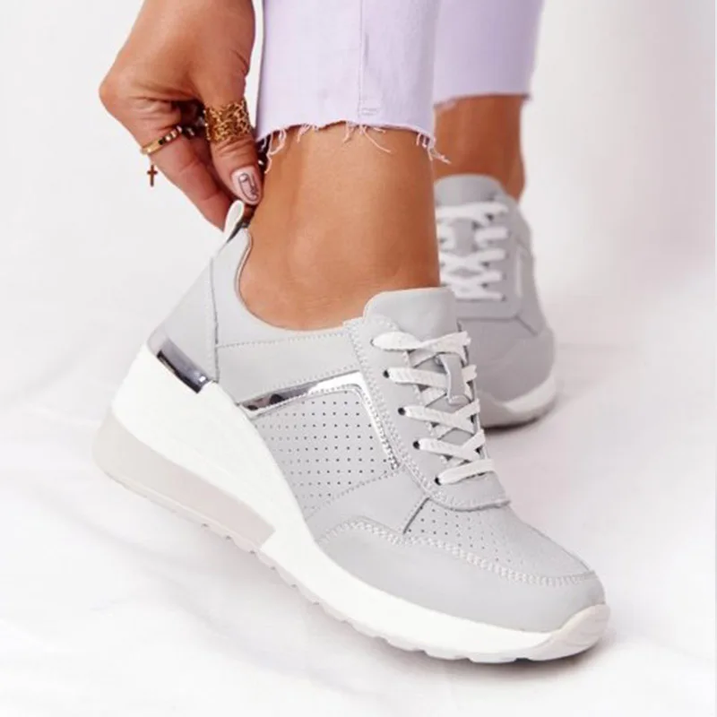 Women Shoes Breathable Leather Lace-Up Sneakers Wedge Sports Shoes