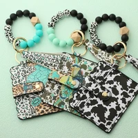 Bull Silicone Beads Bracelet Pu Leather Purse Leopard Print Tassel Cow Wallet Keychain Silicone Beaded ID Card Holder Keychain 2