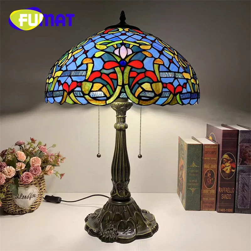 

FUMAT Tiffany lotus base glass table lamp American retro style art Deco living room study bedroom bedside reading lamp