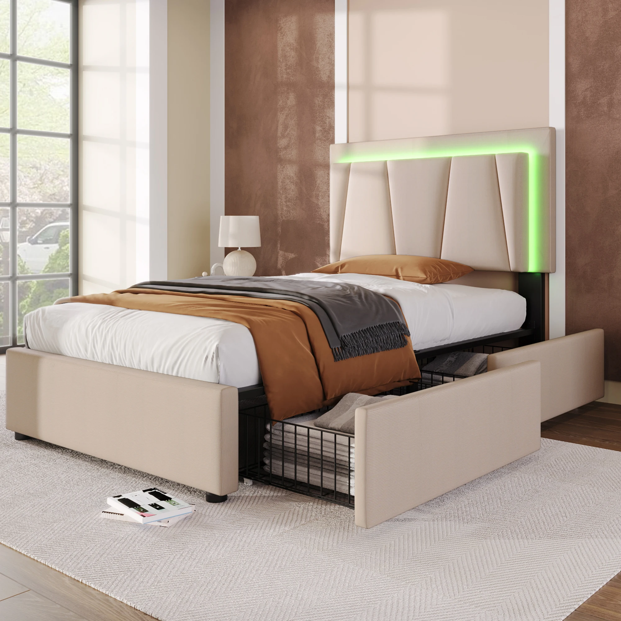 Gepolstertes Einzelbett 90x200cm mit LED-Beleuchtung, 2 Schubladen, verstellbarem Kopfteil, Holzlatten, beige (mit Matratze). – Detail 14