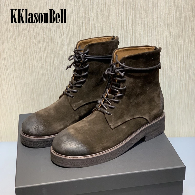 

11.4 KKlasonBell Martin Boots Vintage Cow Suede Genuine Leather Back Zipper Lace-Up Ankle Boots Women