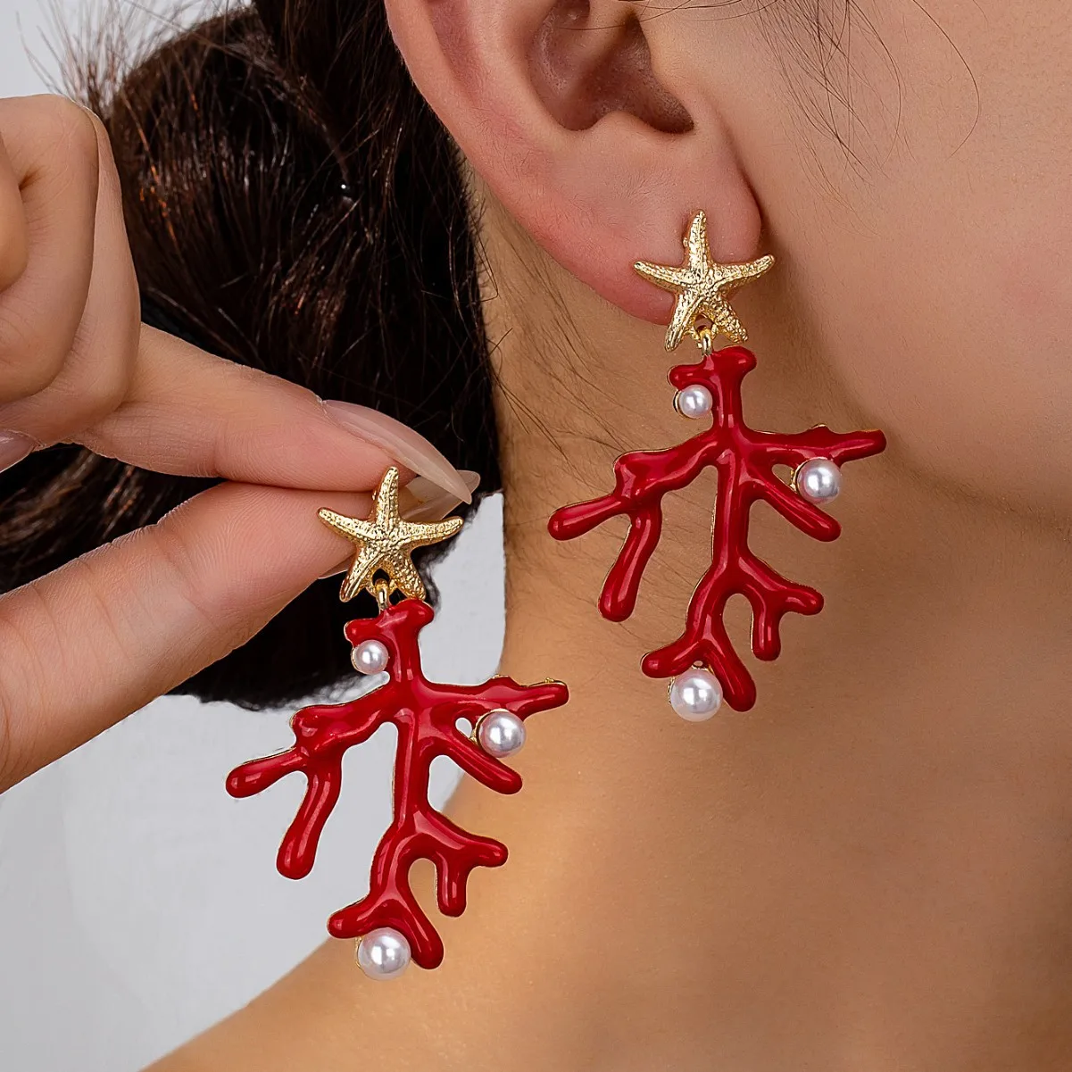 Modische rote Korallen-Ohrringe für Damen, elegante Imitationsperlen, Seestern-Ohrringe, Bohemia, Sommer, Strand, Schmuckzubehör