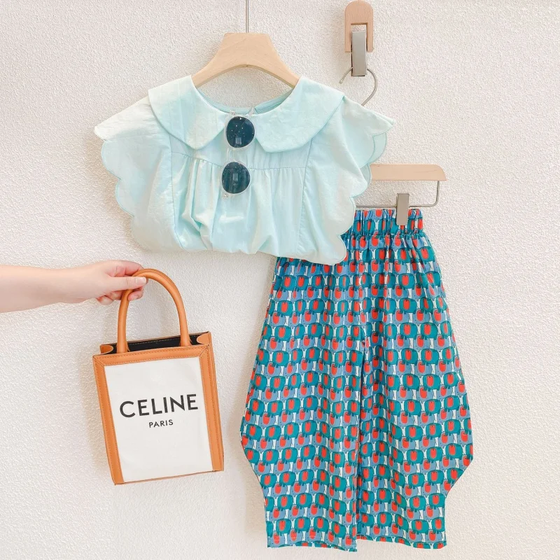 

Girls' Suit Hong Kong Style Doll Collar Wavy Sleeveless Top Wide Leg Pants Two-Piece SuitWS