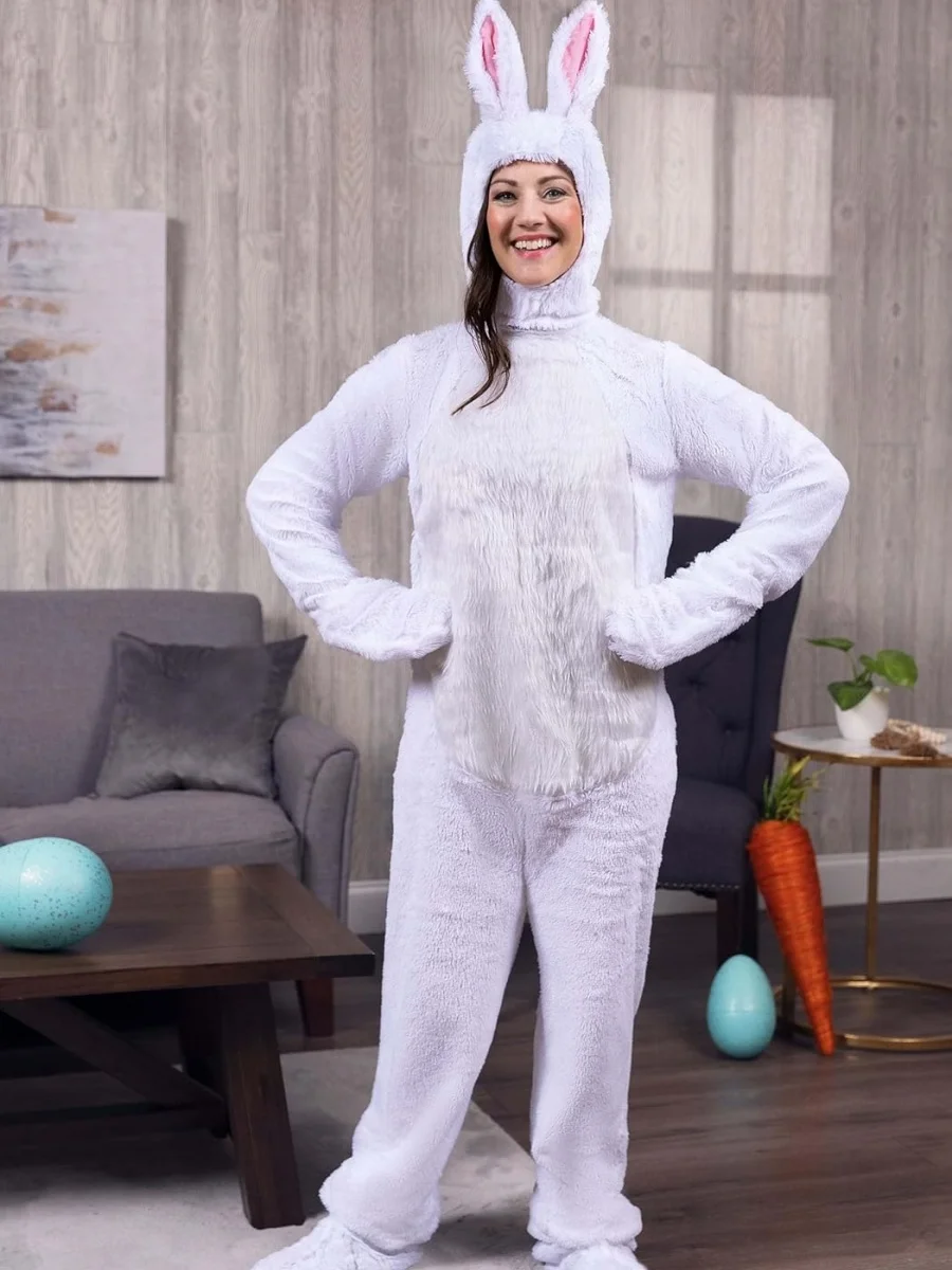 Bunny Costume for Women Girls Fuzzy Long Sleeve Round Neck Jumpsuit with Hat and Shoes Halloween Party Clothes