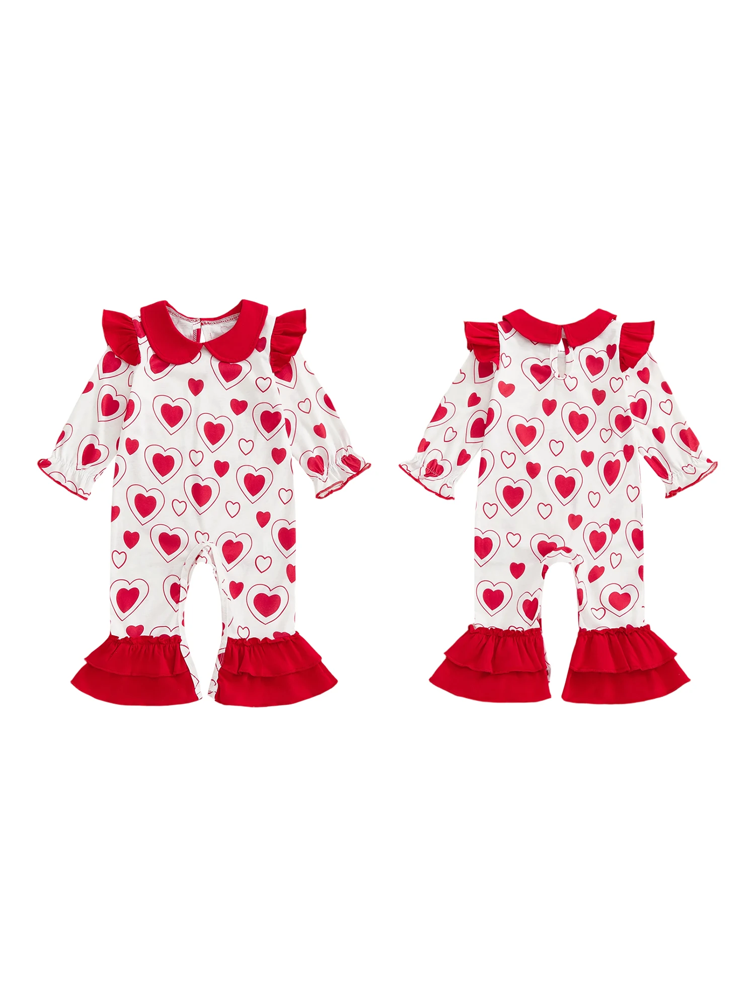 Adorable Toddler Girl Valentine s Day Romper with Puff Sleeves Heart Print and Ruffle Bell Bottoms for a Sweet Look