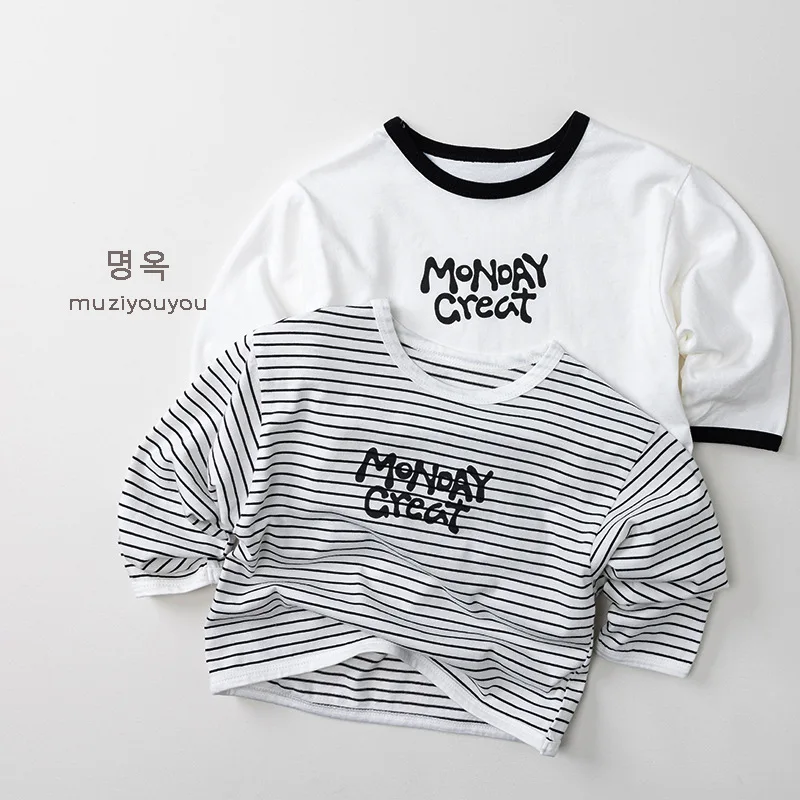 Frühling Herbst Kinder T-Shirts 1-8 Jahre Jungen Mädchen Baumwolle Gestreift Buchstaben Langarm T-Shirts Kleinkinder Oberteile T-Shirts Kinderkleidung – Detail 2