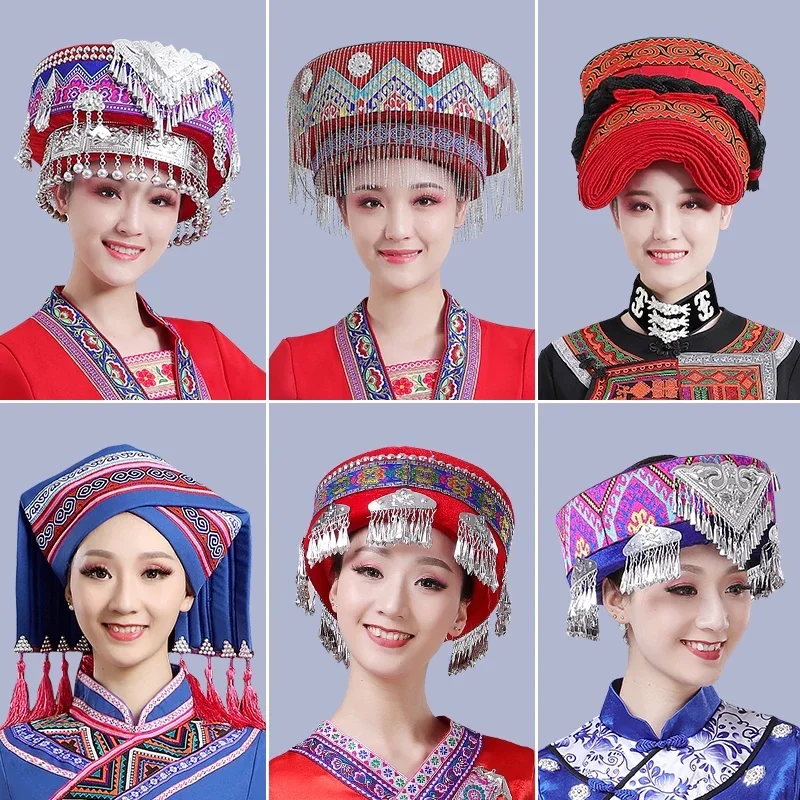 

Hmong Miao Dance Hat For Women Traditional Clothing Hats With Tassel Accessories Festival Performance Headwear Vintage Headdress