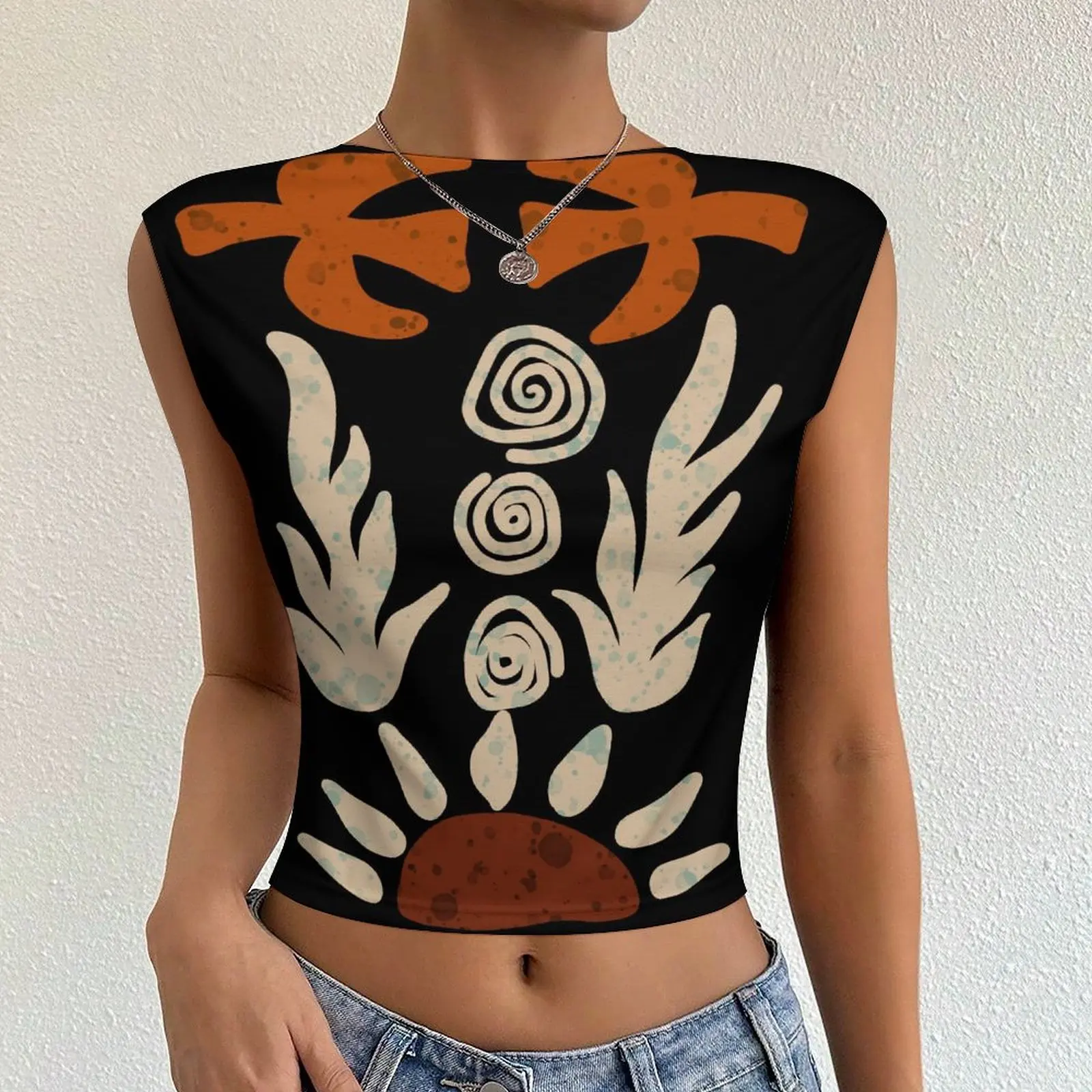 Tribal Style Sleeveless Backless Hot Girls Crop Tops Custom African Cave Pattern Print Samoan Tapa Siapo Elei Womens T-shirt POD 3