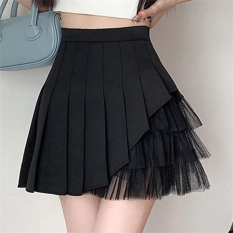

2024 New Preppy Irregular White Mesh Pleated Short Skirt Women Clothes High waist A-line Slim Skirts Wrapped Mini Skirt ac560