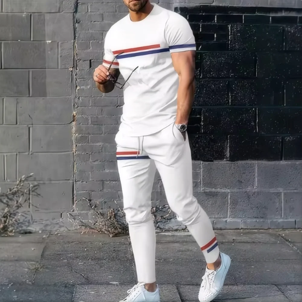 Summer fashion new striped simplest bee pattern 3D printed fashion short sleeved T-shirt long pants men's set 4