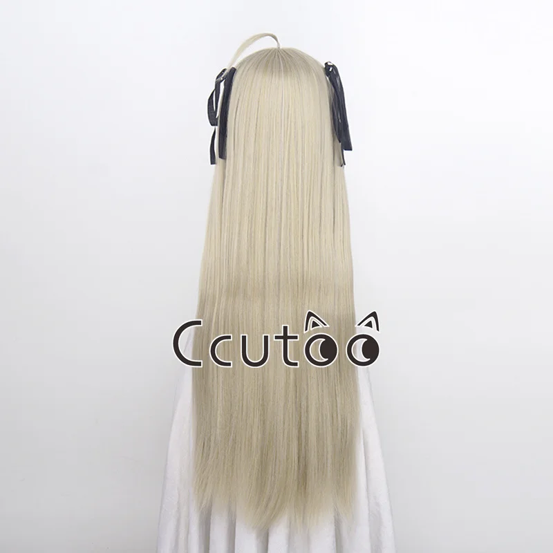 Anime Kasugano Sora Cosplay Wig 70cm Long Straight Light Grey Golden Heat Resistant Hair Wigs + Silk Black Ribbon