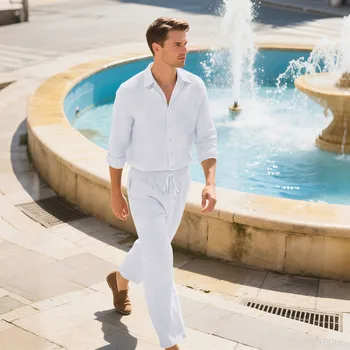 Camicia di lino da uomo nuova autunno 2025 a maniche lunghe, capispalla casual, elegante abbinata al completo di pantaloni lunghi 1