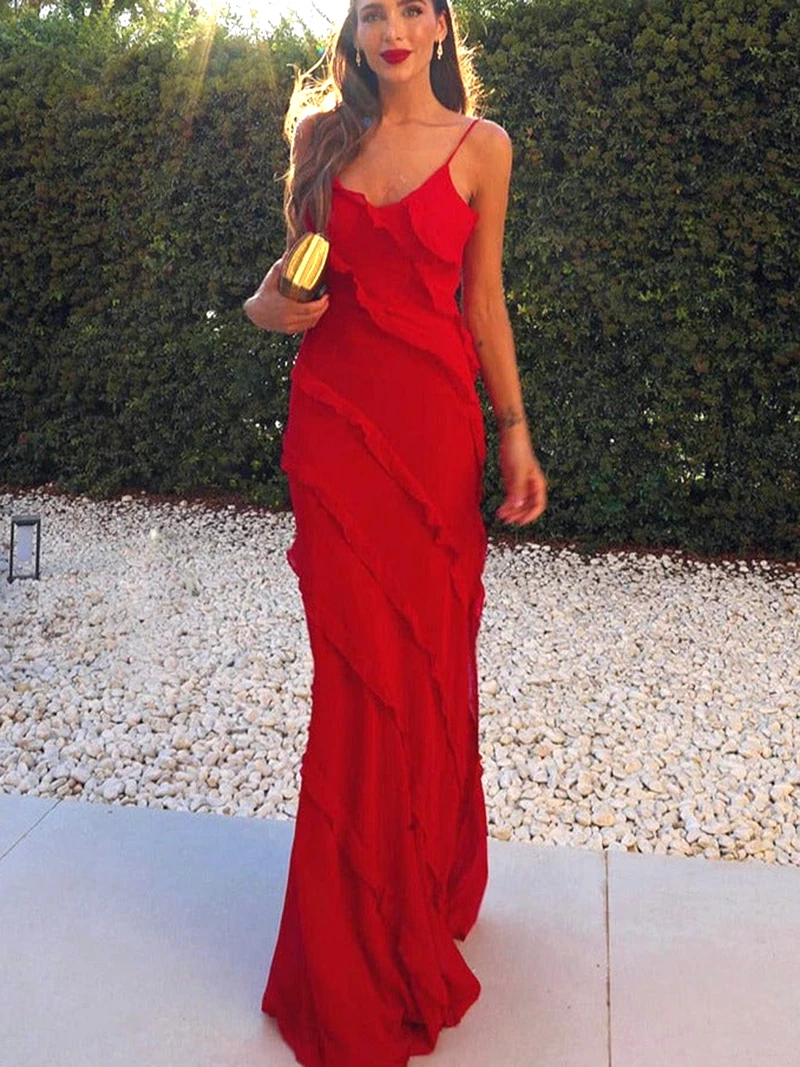 

Dress Women Spring Summer Sexy Slimming Solid Color Sleeveless Ruffled Slip Backless Wave Street trendsetters Party Long Dress