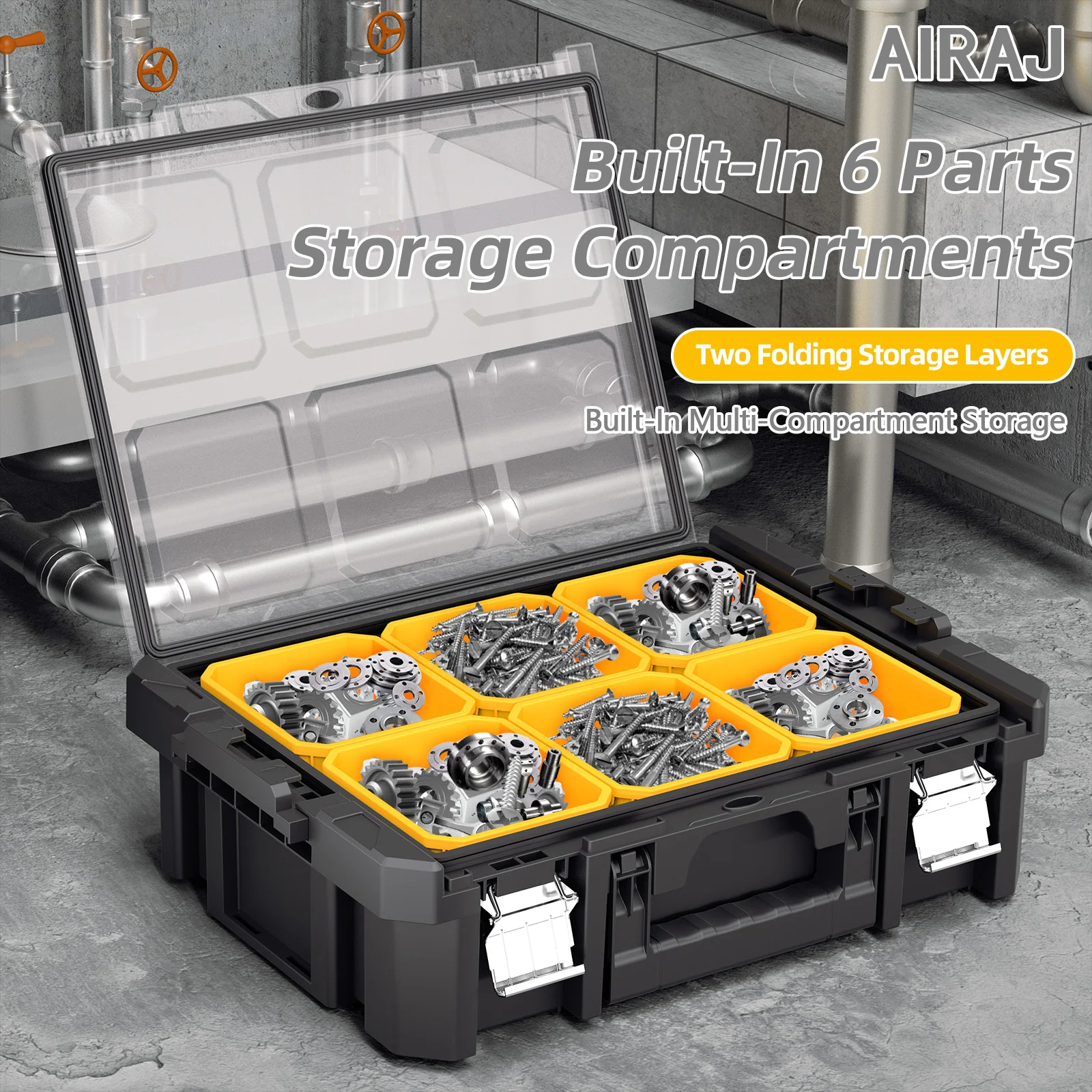 AIRAJ Stackable Tool Box, Flat Top Lockable Storage Tote with Pulleys for Drill Driver Wrench Hammer and Angle Grinder - Image 6