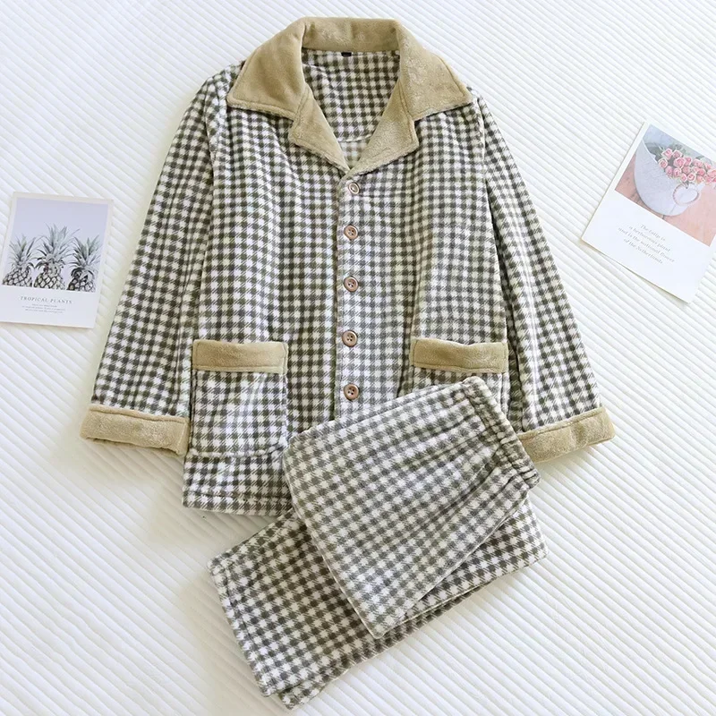 【New release】 Mens Warm Pajamas Winter Plus Velvet Thickened Flannel Warm Long-sleeved Trousers Paja