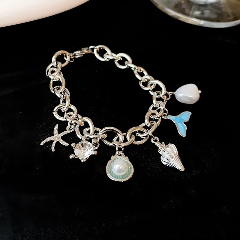 Pulseira feminina com pingente de estrela-do-mar, concha e pérola de imitação, corrente dourada, estilo bracelete, joia para o verão na praia._voghion.com