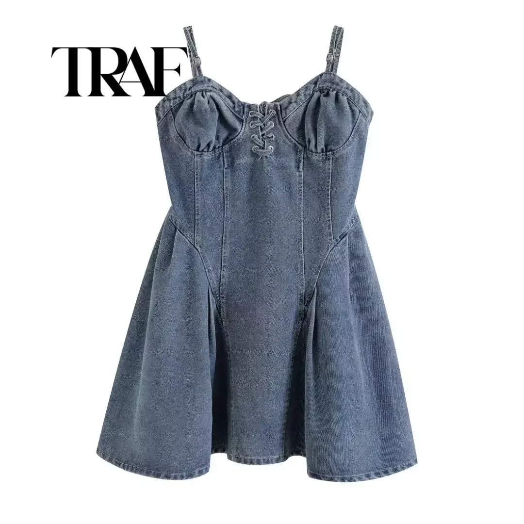 

TRAF Jean Dress Mini Demin Dresses Short Female Elegant Vintage Y2k Blue Womens Evening Women Summer Sundresses