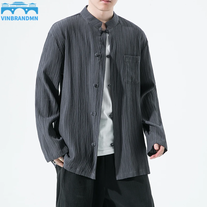 

Autumn Chinese Traditional Clothing Men's Long-sleeved Shirt Buttoned Retro Tang Suit Hanfu Youth Top Fashion Casual Plus Size