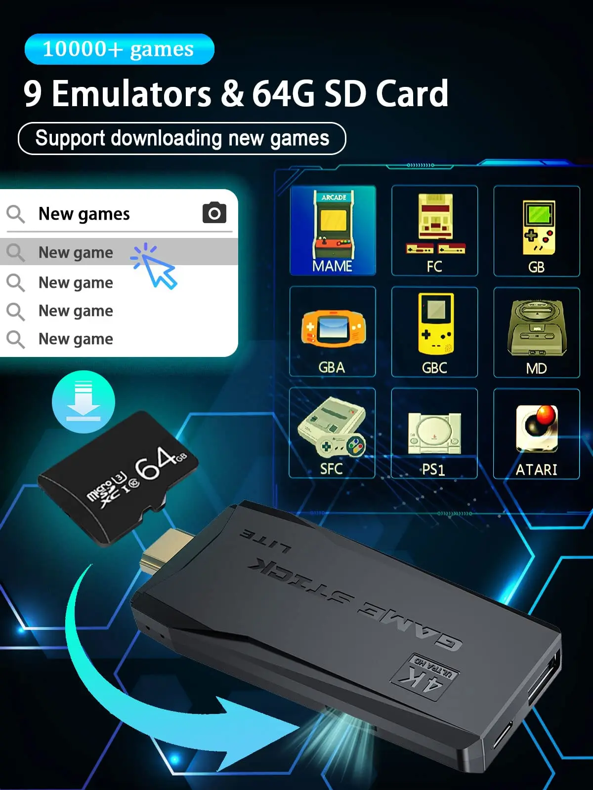 64G Game Stick Lite 4K Built-In 10000 Game Retro Console PS1 GBA Wireless Controller Gba KID Xmas Gift video game console video game stick
