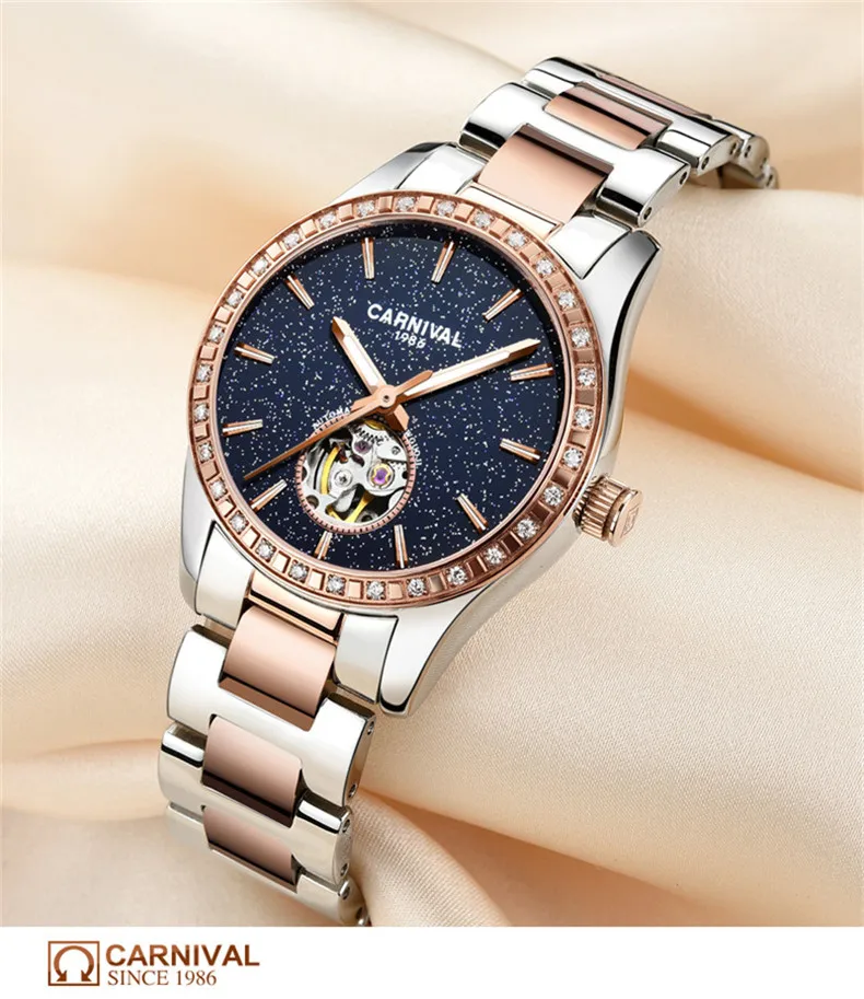 CARNIVAL Luxus Automatische Mechanische Frauen Uhren Mode Diamant Damen Starry Sky Uhr Wasserdichte Weibliche Uhr Für Geschenk_voghion.com