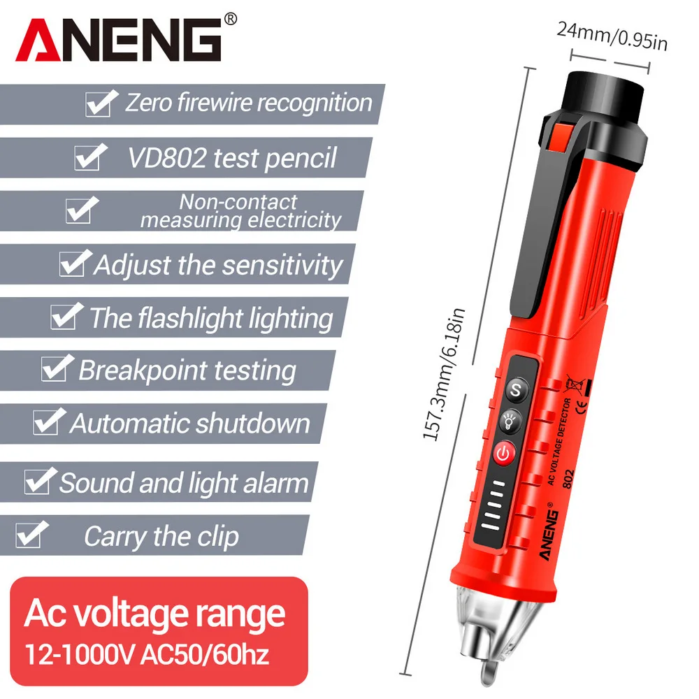 ANENG-VD802 휴대용 비접촉 AC 검출기 테스터, NCV 감도 펜 스타일 전기 표시기 LED 전압 측정기 Vape 12-1000v