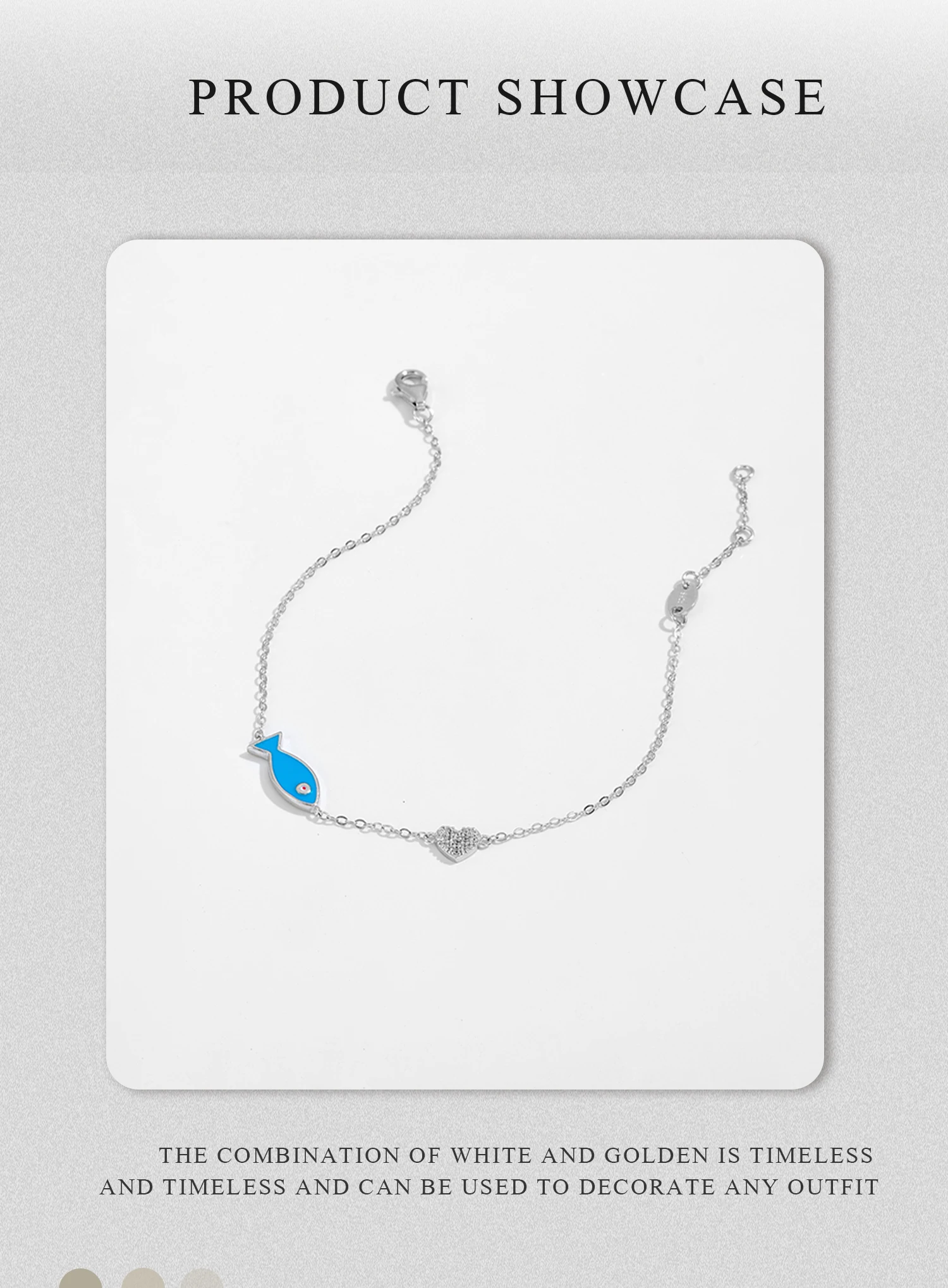 925 Sterling Silver Blue Fish Heart Chain Bracelet – 18K Gold Plated Punk Jewelry with Zircon