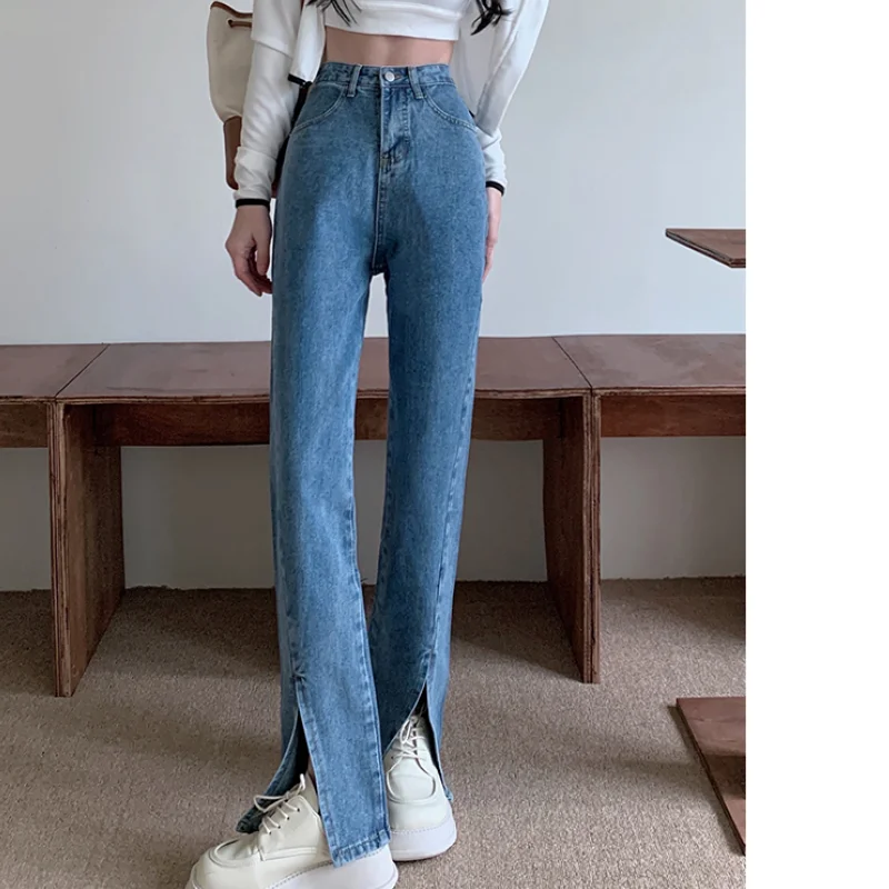 

Blue High Waist Women's Jeans Flare Pants Vintage American Fashion Street Wide Leg Jean Female Denim Trouser Baggy Vent Denim