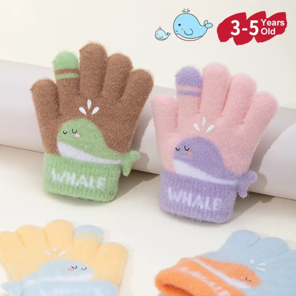 Cartoon Cute Whale Winter Knitted Gloves Warm 3-6 Years Old Five-finger Gloves Elastic Cute Kids Gloves Outdoor