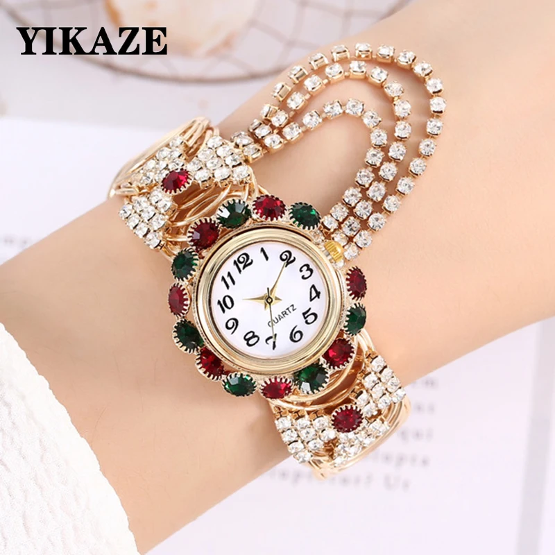 YIKAZE Luxury Women's Watches Gold Bangle Quartz Watch Hollow out Diamond Alloy Strap Ladies Bracelet Dress Wristwatch Clock 2