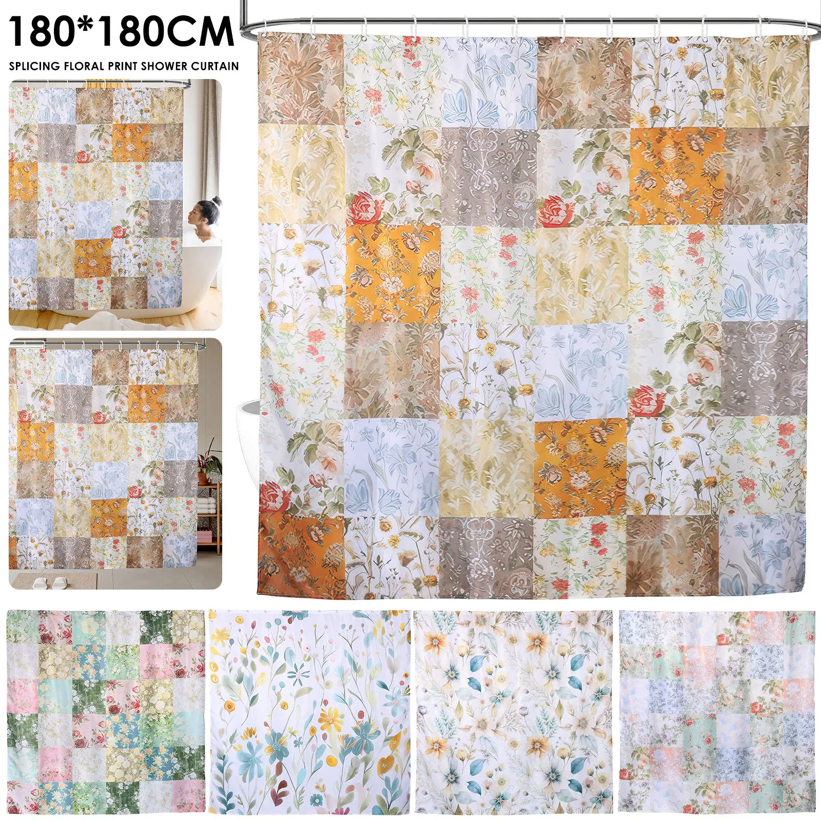 Floral Print Shower Curtain Waterproof Polyester Bath Curtain with 12 Plastic Hook 71x71 Inch Mid Century Style Window Curtains