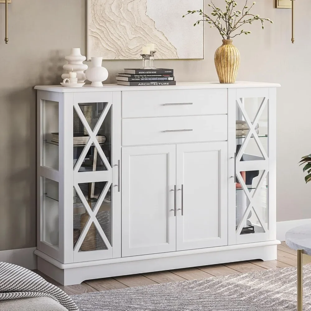 47 Inch Storage Console Table Coffee Bar Kitchen Cupboard Pantry Glass Display Cabinet for Lving Entry