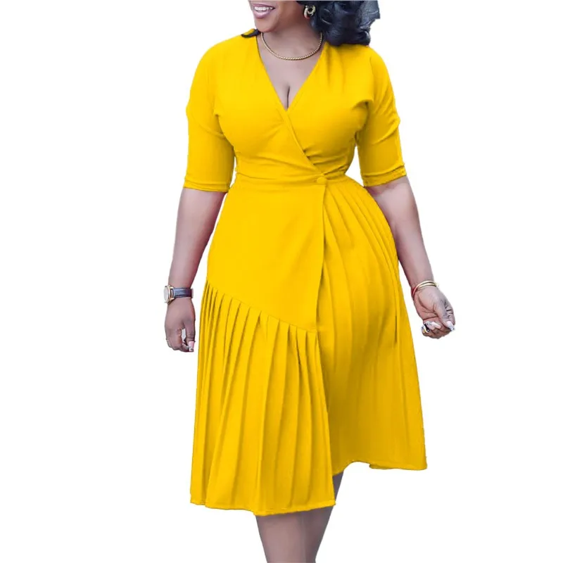 

Elegant African Dresses For Women New Dashiki Summer V Neck Fashion Pleated Office Dress Ankara Fairy Dreess African Clothing