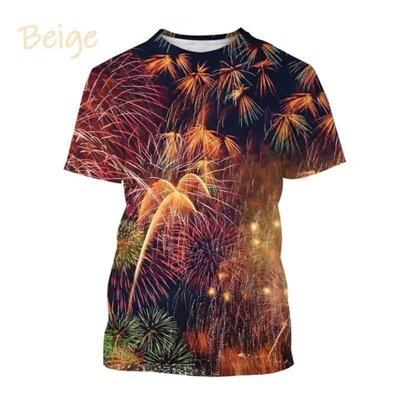 New Fireworks 3D Printing T-shirt Rainbow Flame Round Neck Short