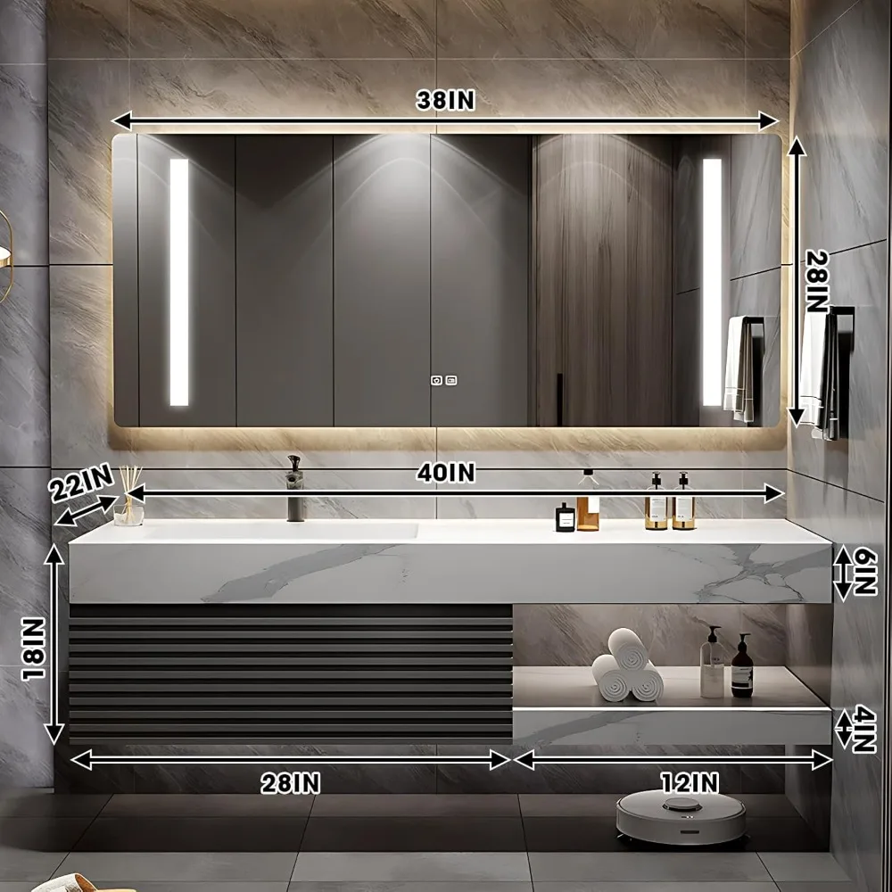 Bathroom Vanity - Bathroom Vanity with Sink, Floating Solid Wood Bathroom Vanity with Half Side Cabinet with Striped Door Panel 2