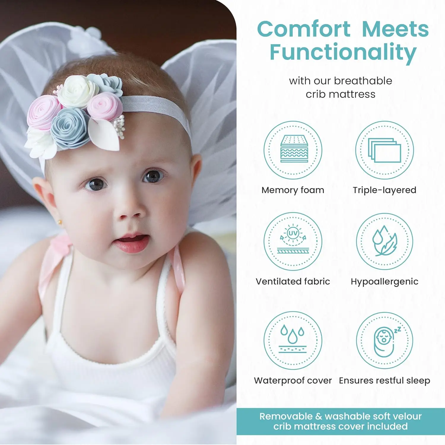 My  Foam Crib Mattress, Breathable Crib Mattress with Removable and Waterproof Cover, Hypoallergenic, Standard Size, 51.63" L x 3
