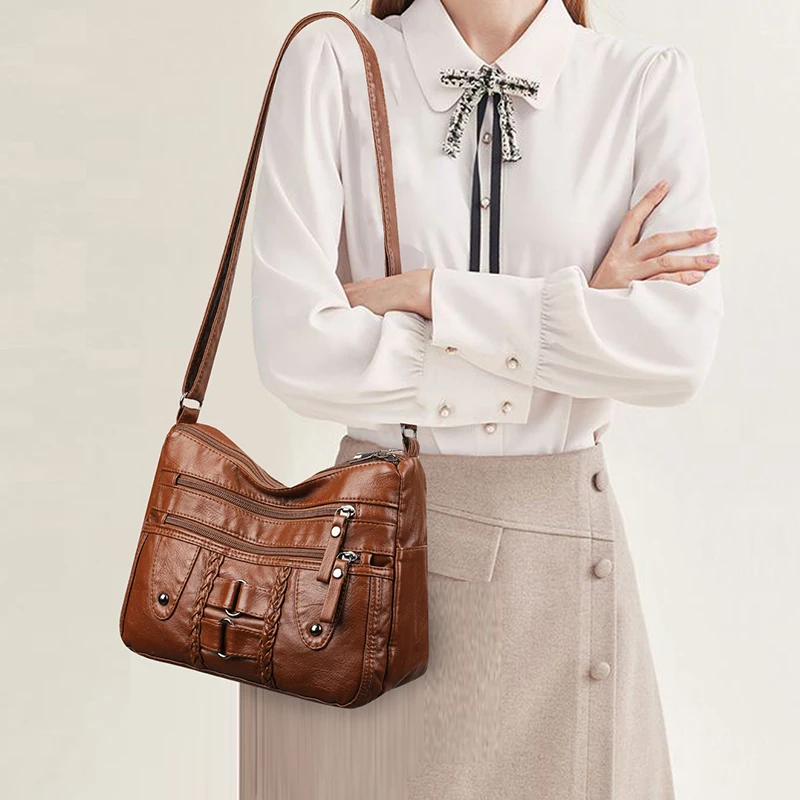 Retro multi pocket crossbody bag, soft synthetic leather shoulder bag, women's bag, with adjustable shoulder strap