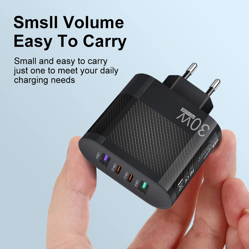 30W USB 4 Ports Fast Charging Quick Charge 3.0 Portable Wall Mobile Phone Charger Adapter For iPhone 15 14 Samsung Huawei Xiaomi
