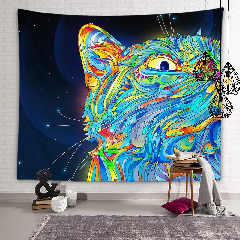 

Personality Colorful Cat Tapestry Psychedelic Geometric Mandala Wall Art Tapestry Hippie Bohemian Tapestry Home Decor Background