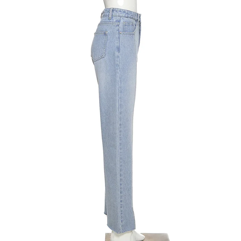 2024 Fall Winter New Style High Waist Fashion Split Vintage Striped Jeans Women Blue Zipper Pants Female Korean Solid Trouser