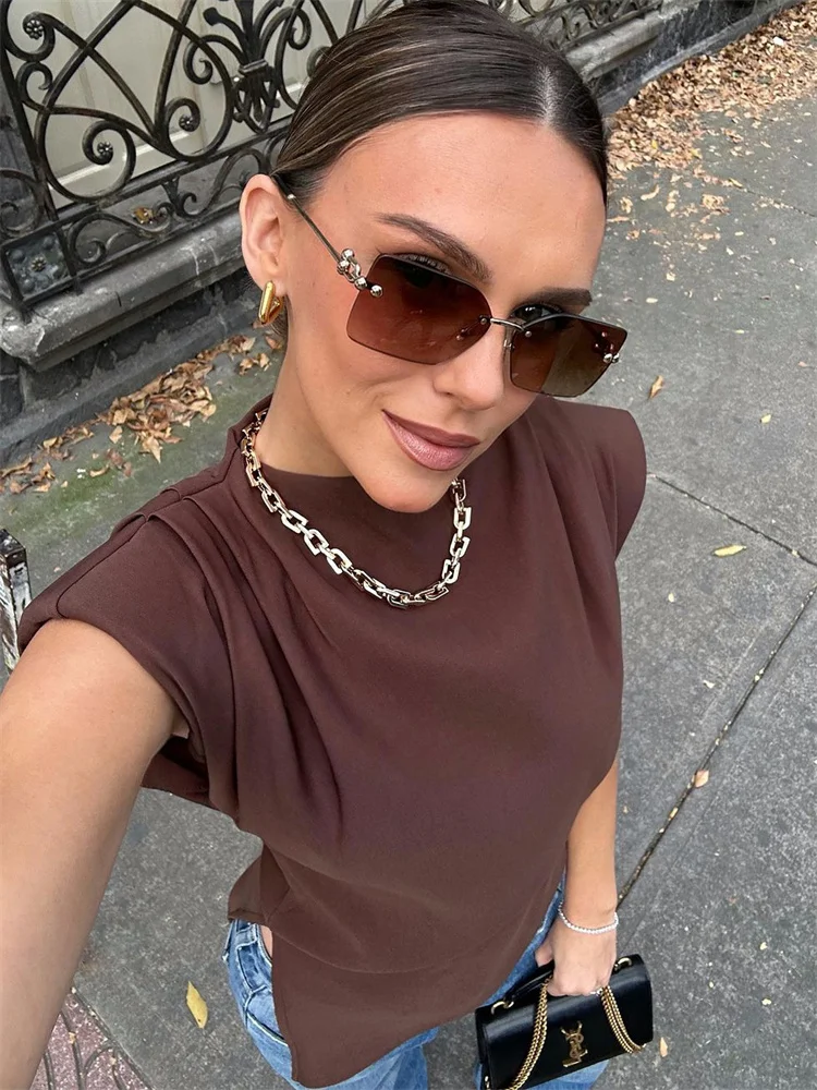 Spring Female Casual T-shirt Top Sleeveless Slim High Waist Cropped Solid Streetwear Y2k Top Women's Patchwork Tee 2025