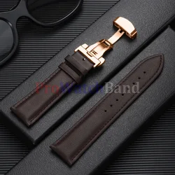 Elegant Leather Watch Band with Gold Butterfly Buckle - Soft Black & Brown Wristbelt - 17mm (Brown - RoseGold)