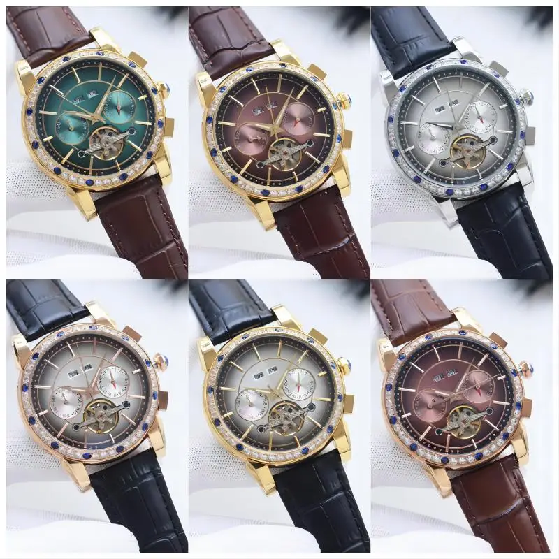 

luxury brand high qulity mechanical watch for men waterproof five pointers diamond bezels two calendar dial leather strap