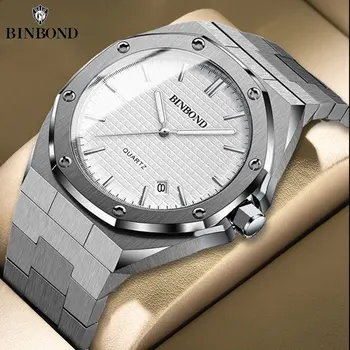 BINBOND Top Brand Business Men's Quartz Watch Stainless Steel Calendar Waterproof Luxury Luminous Multifunctional Men Wristwatch