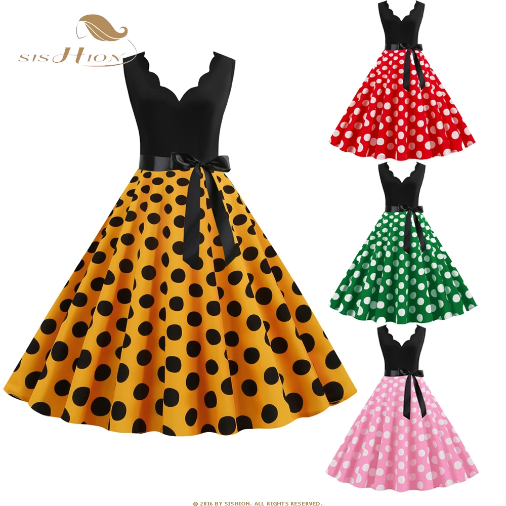 

Women Retro Summer Dresses Audrey Hepburn 50s 60s Rockabilly V-neck Polka Dot Bow Pinup Swing Party Dress Vestidos SR286